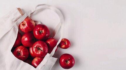 Aufkleber - Red ripe apples in shopping bag on white background Autumn apple flat lay top view copy space Autumn harvest apple cooking concept : Generative AI