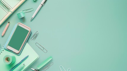 Poster - Back to school concept Top view photo of school supplies smartphone on notepad pens binder clips and adhesive tape on isolated pastel green background with copyspace : Generative AI