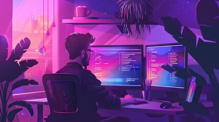 Wall Mural - remote software developer engaged in web design and programming with multiple screens – home office 