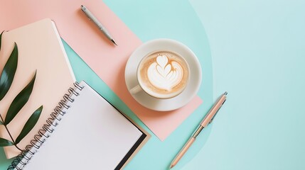 Poster - Creative flat lay photo of workspace desk with stationery coffee and blank notebook with copy space background minimal styled : Generative AI