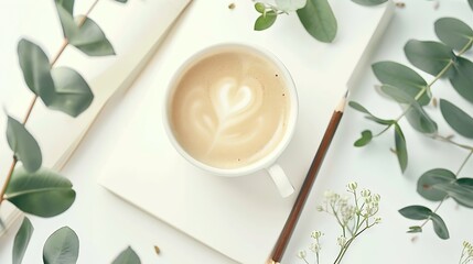 Aufkleber - Cup of coffee with milk sketchbook pencil green leaves and dried flowers Overhead view Isolated on white Flat lay top view : Generative AI