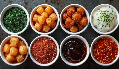 Wall Mural - A top-down photo of small white bowls filled with different spices and ketchup