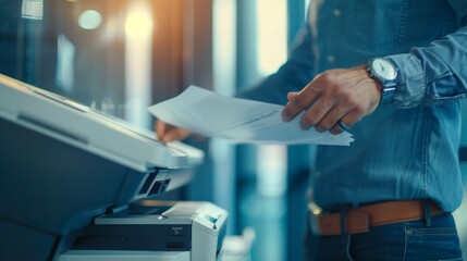 Businessman using multifunction printer in office for document printing and paperwork