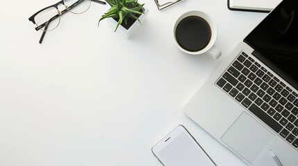 Poster - White office desk table with laptop smartphone cup of coffee and supplies Top view with copy space flat lay : Generative AI