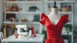 Mannequin with red dress in the foreground, interior fashion design studio, sewing machine on table