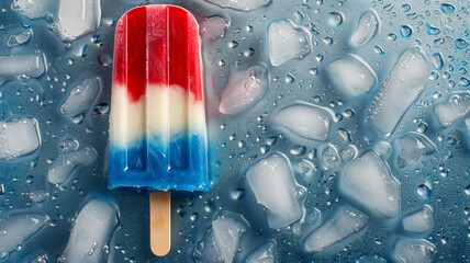 A red, white, and blue popsicle melting on a hot summer day, refreshing and nostalgic