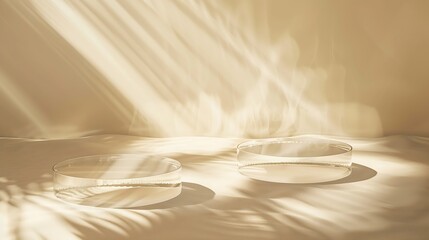 Poster - Two empty clear glass circle podiums on beige transparent calm water texture with waves in sunlight Abstract nature background for product presentation Flat lay cosmetic mockup copy sp : Generative AI
