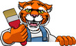 A tiger painter decorator cartoon animal mascot holding a paintbrush peeking around a sign