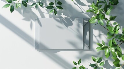 Poster - Mock up card with plants Invitation card with grey envelope on white background : Generative AI