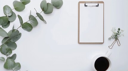 Aufkleber - Flay lay Top view office table desk Feminine desk workspace frame with green leaves eucalyptus clipboard and coffee  on white background  ideas notes or plan writing concept : Generative AI