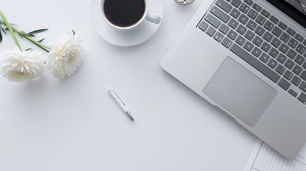 Aufkleber - White desk  with Laptop blank notepad flower coffee cup and pen Flat lay top view copy space : Generative AI