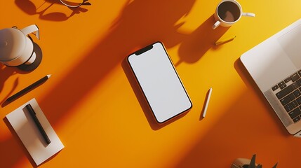 Aufkleber - Flat lay top view of orange office table desk with smartphone blank screen mockup with clipping path Modern working space : Generative AI