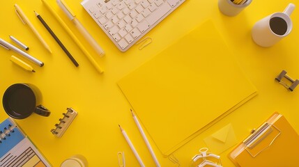 Poster - Flat lay top view office table desk Workspace with blank clip board keyboard office supplies pencils and pens : Generative AI