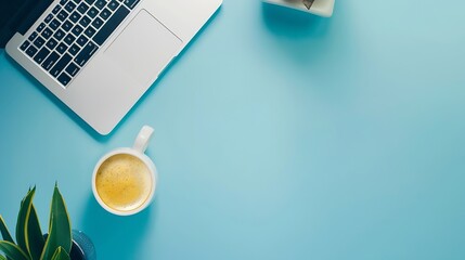 Aufkleber - Minimal work space  Creative flat lay photo of workspace desk Top view office desk with laptop notebooks and coffee cup on blue color background Top view with copy space flat lay photo : Generative AI