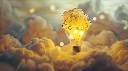 Aufkleber - Yellow light bulb with cloud sketches  Flat lay : Generative AI