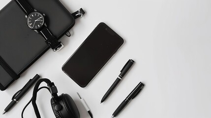 Leinwandbilder - Man Items in all Black on a White Background Shot from Above with Cell Phone Pens Wallet Watch Notebook and Headphones : Generative AI