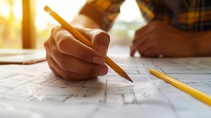 Aufkleber - A closeup an architect a house designer holding a pencil pointing to a house plan to examine the design plan before discussing the details with the client Interior design and decoratio : Generative AI