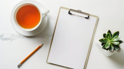 Aufkleber - White desktop with clipboard cup of tea pencil and succulent plant Minimal flat lay top view mockup : Generative AI