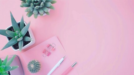 Aufkleber - Top view flat lay of workspace desk styled design office supplies and cactuses succulents with copy space millennial pink color paper background minimal style Template for feminine blo : Generative AI