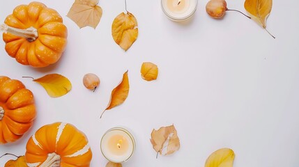 Wall Mural - Autumn composition Pumpkins candles dried leaves on white background Autumn fall halloween concept Flat lay top view copy space : Generative AI