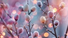 Holidays And Object Concept  Close Up Of Pussy Willow Branches Decorated By Easter Eggs Over Bokeh Lights : Generative AI