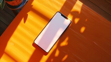 Aufkleber - Flat lay top view of orange office table desk with smartphone blank screen mockup with clipping path Modern working space : Generative AI