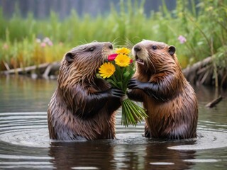 Wall Mural - A beaver on a pond gives flowers to another beaver