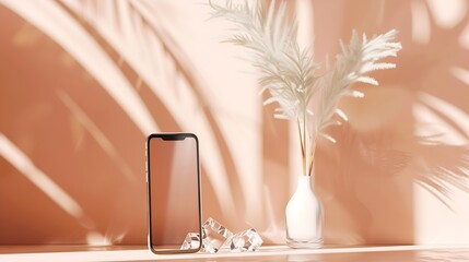 Aufkleber - Empty mobile phone screen mockup glasses vase and meadow grass on a light pink and terracotta background with abstract sunlight shadow and crystal reflections minimal business brand te : Generative AI