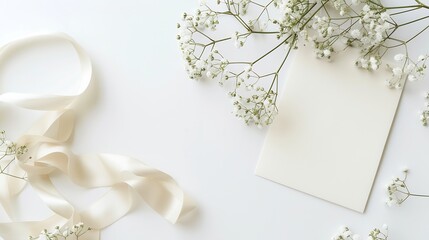 Poster - Styled stock photo Feminine wedding desktop stationery mockup with blank greeting card babys breath Gypsophila flowers dry green eucalyptus leaves satin ribbon and white background Emp : Generative AI