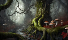 Rain Forest Mysterious Forest Path With Red Vine, Moss, Old Misty Forest, Mushrooms, Drama, Gloom, Fog