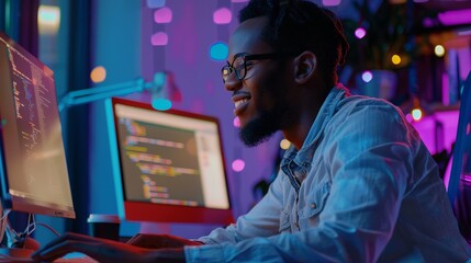 Wall Mural - Diverse tech environment: energetic software developer engages in advanced programming on a desktop computer - Expert crafting cutting-edge applications, innovative gaming solutions