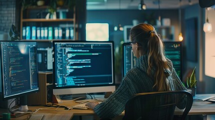Wall Mural - dedicated female software engineer codes on multi-screen desktop in collaborative co-working space, 