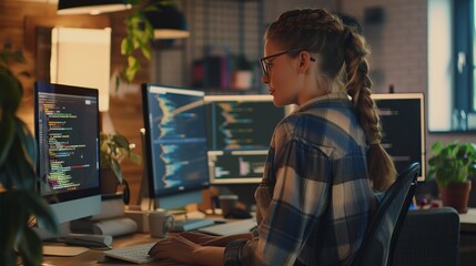 Dedicated female software engineer codes on multi-screen desktop in collaborative co-working space, developing SaaS solutions for cutting-edge tech startup