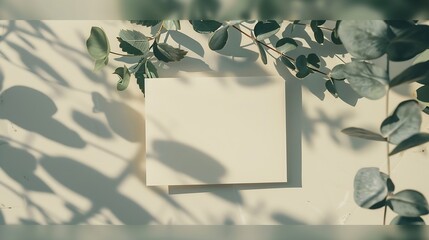 Poster - Mockup invitation blank greeting card and green leaves eucalyptus Flat lay top view : Generative AI