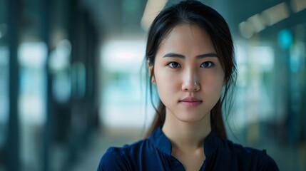 closeup photo portrait of a young beautiful confident asian woman standing in an office center and s