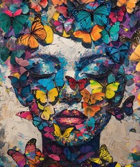 face of woman with close eyes, flying hair of butterflies in various colors. artwork, concept of art diversity of nature.