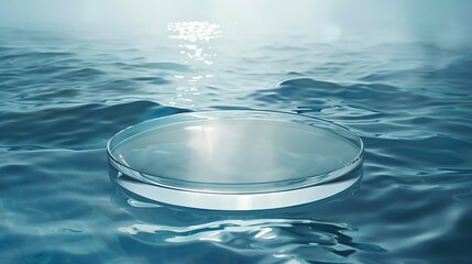 Poster - Empty clear glass circle podium on blue transparent calm water texture with waves in sunlight Abstract nature background for product presentation Flat lay cosmetic mockup copy space : Generative AI
