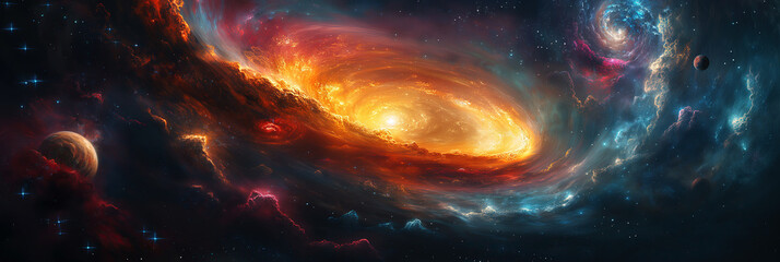Wall Mural - fantastic panorama with black hole, supernova and a wormhole with planets in galaxy in space