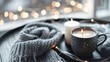 © Generative AI - Winter cozy concept Flatlay of gray knitted sweater candle and coffee drink on black iron table Warm weekend in cold weather : Generative AI