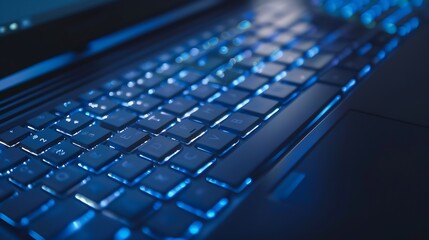 Fototapete - Keyboard Laptop with Blue Backlight : Generative AI