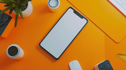 Aufkleber - Flat lay top view of orange office table desk with smartphone blank screen mockup with clipping path Modern working space : Generative AI