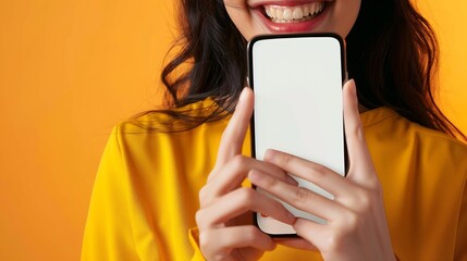 Aufkleber - App Ad Smiling pretty woman holding smartphone with white blank device screen in hand close up to camera orange studio Gadget with empty free space for mockup banner isolated selective : Generative AI