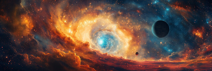 Wall Mural - fantastic panorama with black hole, supernova and a wormhole with planets in galaxy in space
