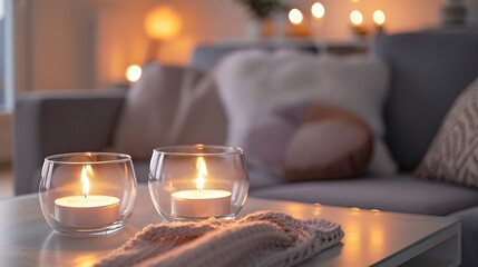 Poster - Tealights in glass candle holders decorating living room with gray sofa : Generative AI