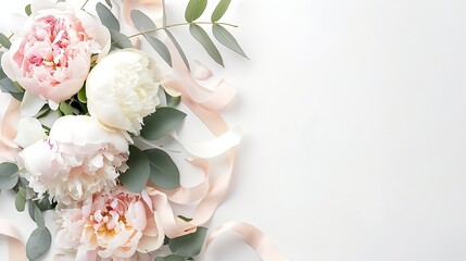 Poster - Feminine wedding or birthday table composition with floral bouquet White and pink peonies flowers eucalyptus and silk ribbon Festive greeting card invitation Empty space Flat lay top v : Generative AI