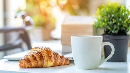 Wall Mural - Close up view of simple workspace with copy space frame stationery coffee cup and croissant on white table with blurred background : Generative AI