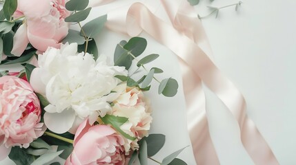 Poster - Feminine wedding or birthday table composition with floral bouquet White and pink peonies flowers eucalyptus and silk ribbon Festive greeting card invitation Empty space Flat lay top v : Generative AI