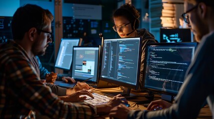Wall Mural - dedicated it professionals engaged in software development and programming in a modern office enviro