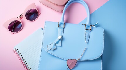 Wall Mural - Cute blue handbag with sunglasses notebook and feminine accessories  Flat lay top view Spring fashion concept in pastel colored : Generative AI