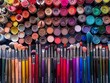A colorful array of makeup brushes and tubes of makeup. Concept of creativity and self-expression, as the various colors and styles of makeup suggest that the viewer is free to experiment